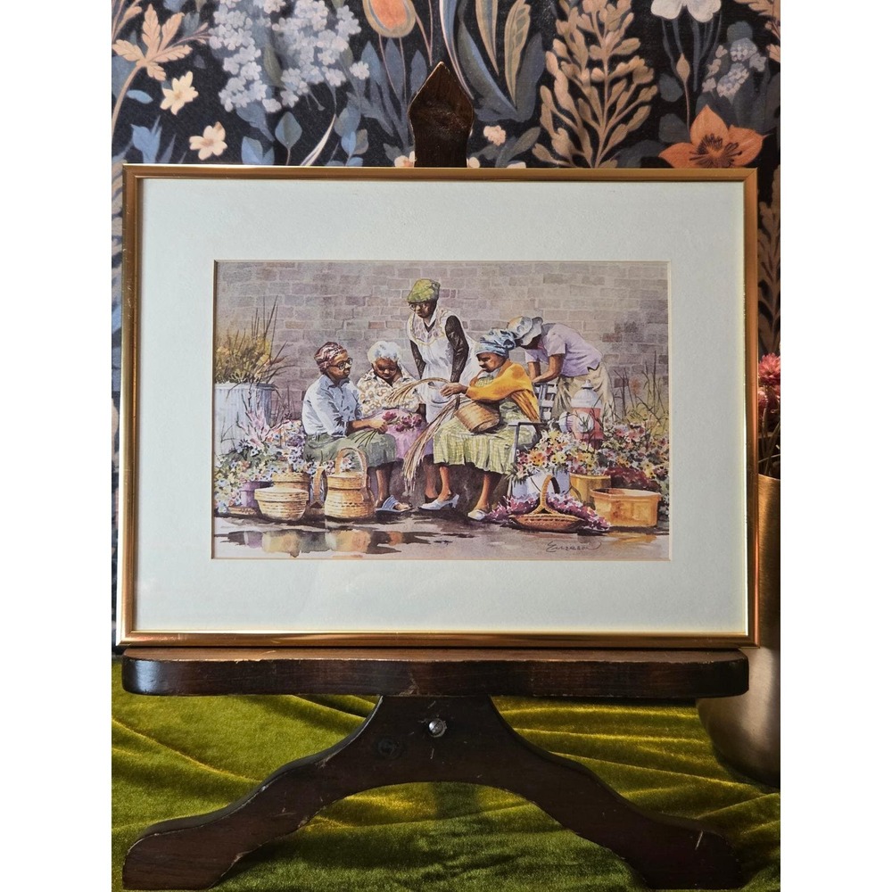 Vintage Emerson Art Print Women‎ Gathering Flowers Marketplace Wall Art Signed